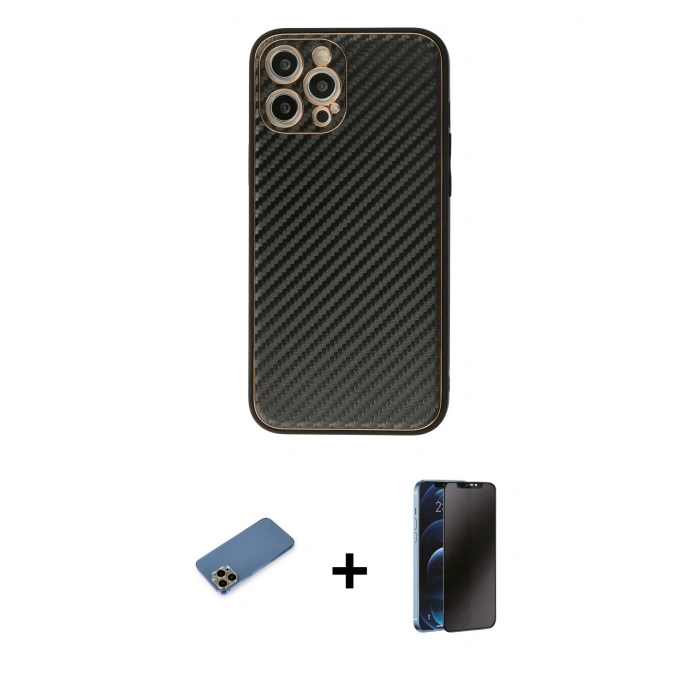 MARSİLYAN™- iPhone 12 Pro Kılıf Ahenk Işık - Siyah 3D Antistatik Hayalet Cam Ekran Koruyucu + Shine Kamera Lens Koruma Cam - GD