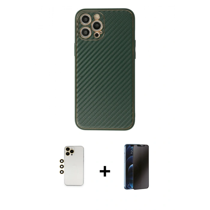 MARSİLYAN™- iPhone 12 Pro Kılıf Ahenk Işık - Siyah 3D Antistatik Hayalet Cam Ekran Koruyucu + Shine Kamera Lens - GD