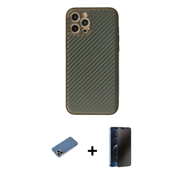 MARSİLYAN™- iPhone 12 Pro Kılıf Ahenk Işık - Siyah 3D Antistatik Hayalet Cam Ekran Koruyucu + Shine Kamera Lens Koruma Cam - GD