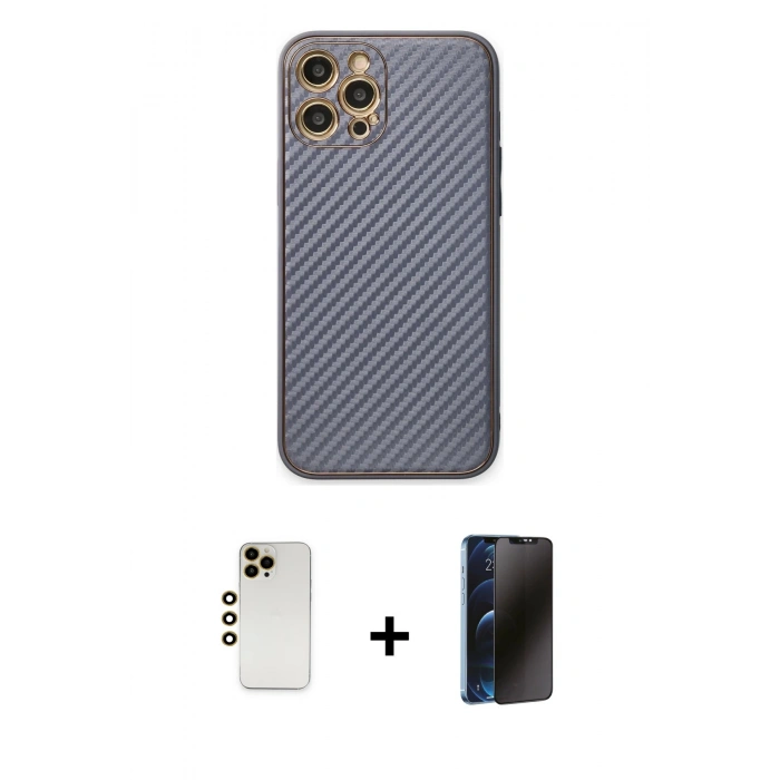MARSİLYAN™- iPhone 12 Pro Kılıf Ahenk Işık - Siyah 3D Antistatik Hayalet Cam Ekran Koruyucu + Shine Kamera Lens - GD