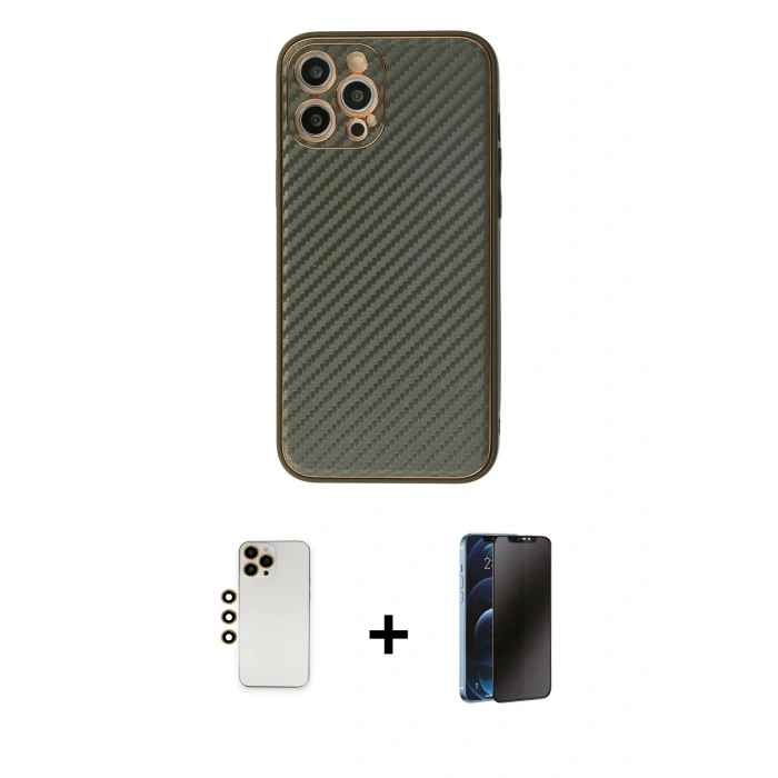 MARSİLYAN™- iPhone 12 Pro Kılıf Ahenk Işık - Siyah 3D Antistatik Hayalet Cam Ekran Koruyucu + Shine Kamera Lens - GD