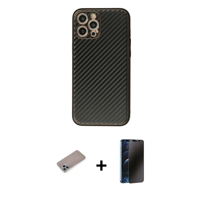 MARSİLYAN™- iPhone 12 Pro Kılıf Ahenk Işık - Siyah 3D Antistatik Hayalet Cam Ekran Koruyucu + Shine Kamera Lens Koruma Cam - SABE