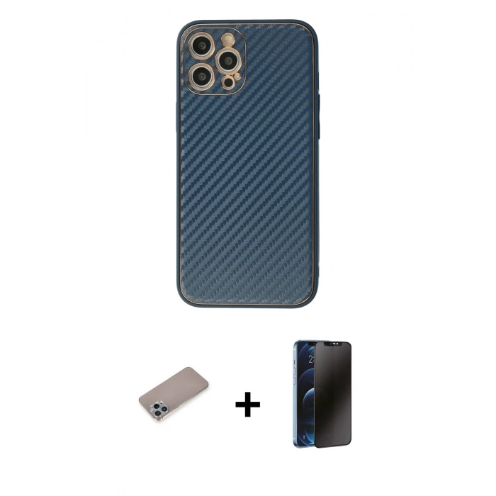 MARSİLYAN™- iPhone 12 Pro Kılıf Ahenk Işık - Siyah 3D Antistatik Hayalet Cam Ekran Koruyucu + Shine Kamera Lens Koruma Cam - SABE