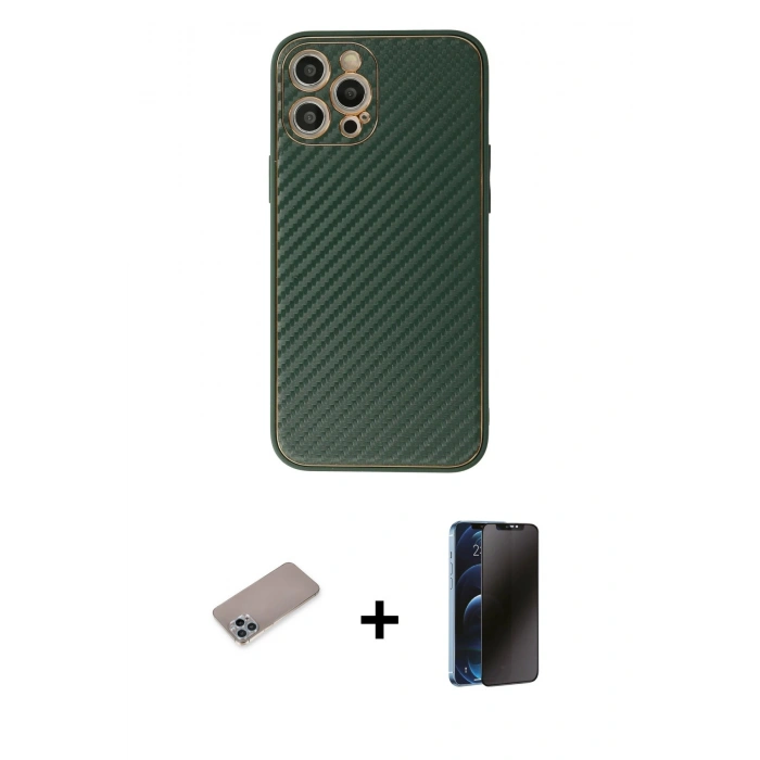 MARSİLYAN™- iPhone 12 Pro Kılıf Ahenk Işık - Siyah 3D Antistatik Hayalet Cam Ekran Koruyucu + Shine Kamera Lens Koruma Cam - SABE