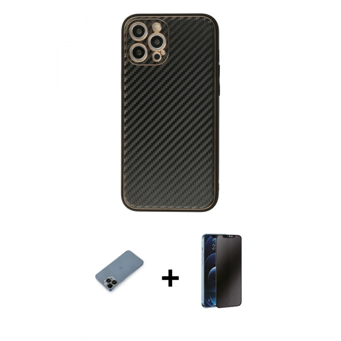 MARSİLYAN™- iPhone 12 Pro Kılıf Ahenk Işık - Siyah 3D Antistatik Hayalet Cam Ekran Koruyucu + Shine Kamera Lens Koruma Cam - SH