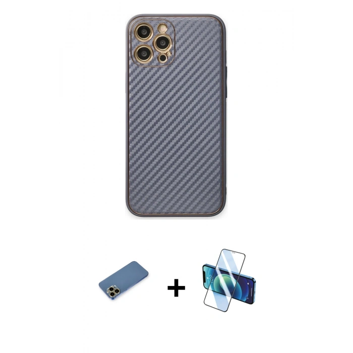 MARSİLYAN™- iPhone 12 Pro Kılıf Ahenk Işık - Siyah 3D Antistatik Seramik Nano Ekran Koruyucu + Shine Kamera Lens Koruma Cam - GD