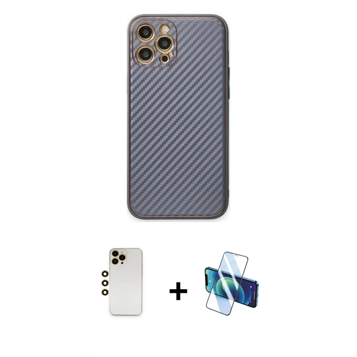 MARSİLYAN™- iPhone 12 Pro Kılıf Ahenk Işık - Siyah 3D Antistatik Seramik Nano Ekran Koruyucu + Shine Kamera Lens - GD