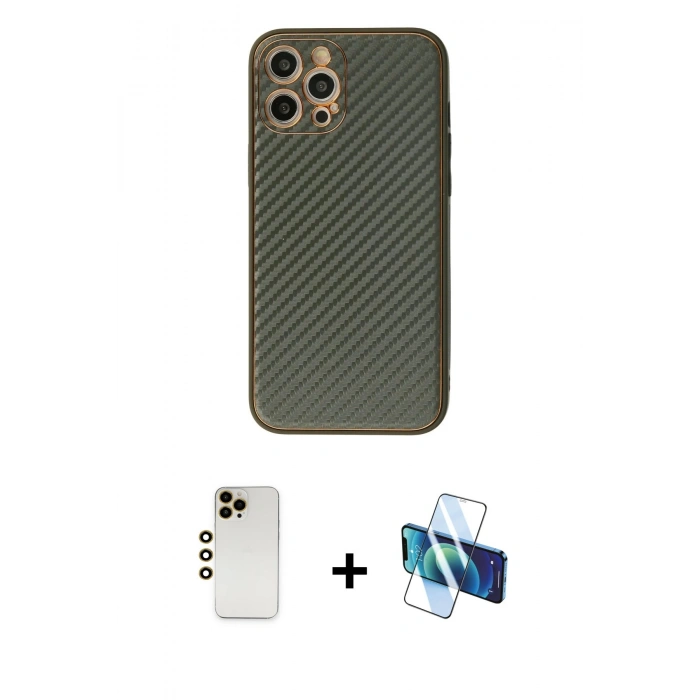 MARSİLYAN™- iPhone 12 Pro Kılıf Ahenk Işık - Siyah 3D Antistatik Seramik Nano Ekran Koruyucu + Shine Kamera Lens - GD