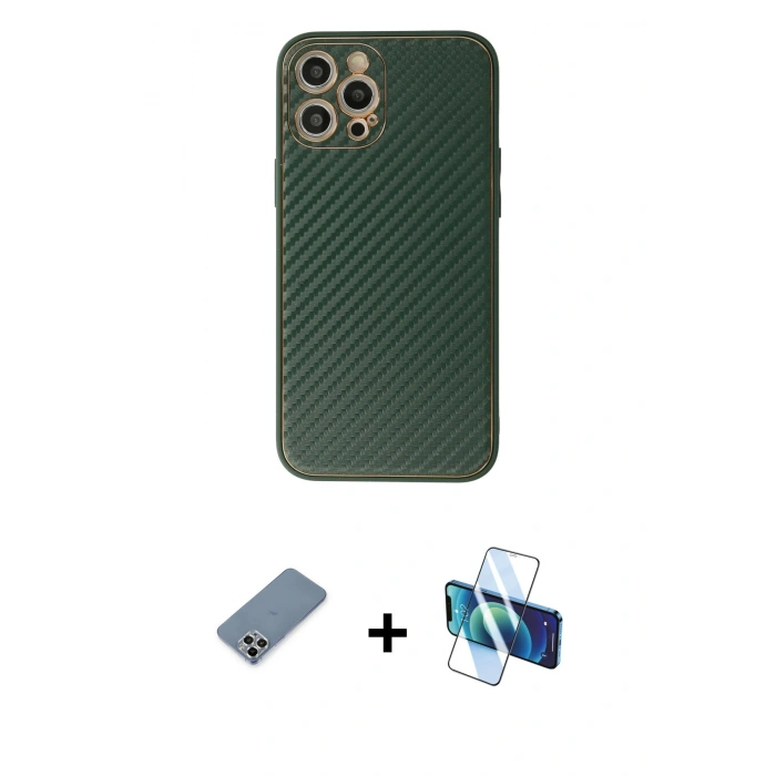 MARSİLYAN™- iPhone 12 Pro Kılıf Ahenk Işık - Siyah 3D Antistatik Seramik Nano Ekran Koruyucu + Metal Kamera Lens Koruma Cam - GS