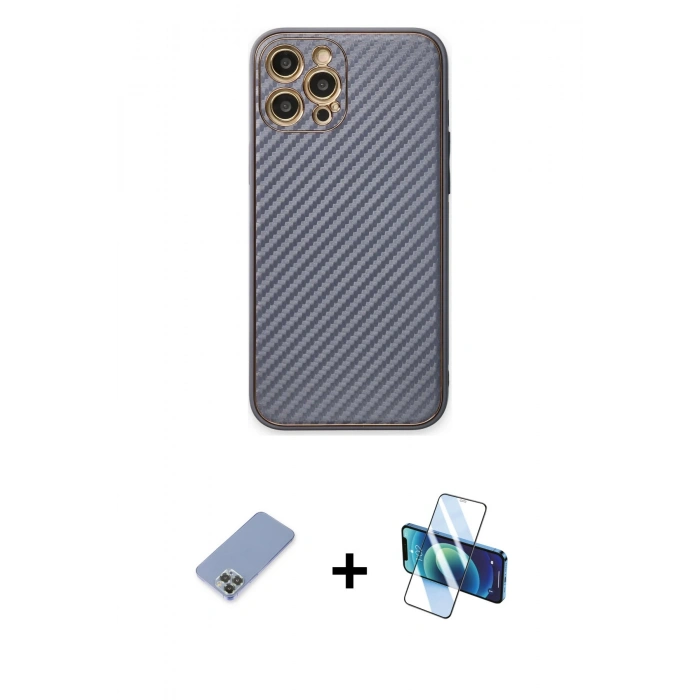 MARSİLYAN™- iPhone 12 Pro Kılıf Ahenk Işık - Siyah 3D Antistatik Seramik Nano Ekran Koruyucu + Metal Kamera Lens Koruma Cam - KUYL