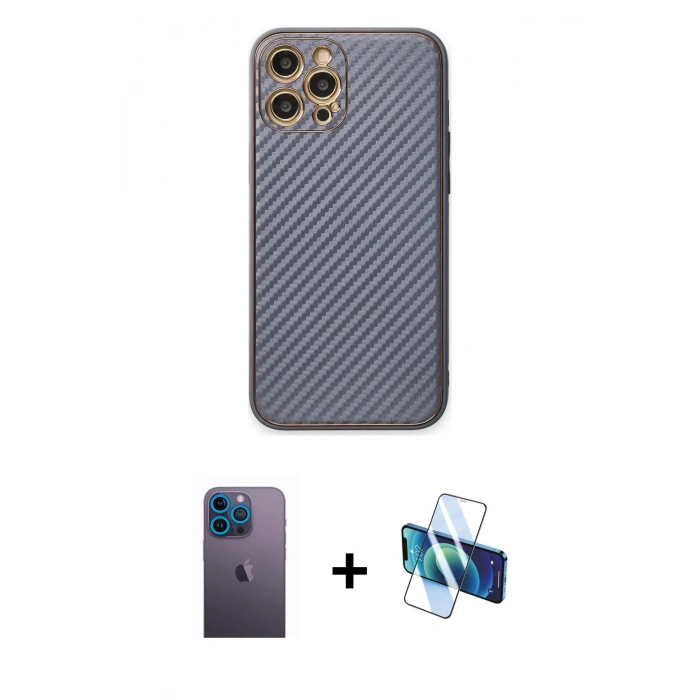 MARSİLYAN™- iPhone 12 Pro Kılıf Ahenk Işık - Siyah 3D Antistatik Seramik Nano Ekran Koruyucu + Neon Fosforlu Kamera Lens - MI