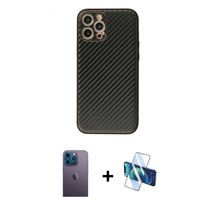 MARSİLYAN™- iPhone 12 Pro Kılıf Ahenk Işık - Siyah 3D Antistatik Seramik Nano Ekran Koruyucu + Neon Fosforlu Kamera Lens - MI