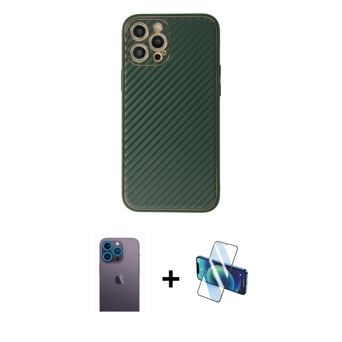 MARSİLYAN™- iPhone 12 Pro Kılıf Ahenk Işık - Siyah 3D Antistatik Seramik Nano Ekran Koruyucu + Neon Fosforlu Kamera Lens - MI