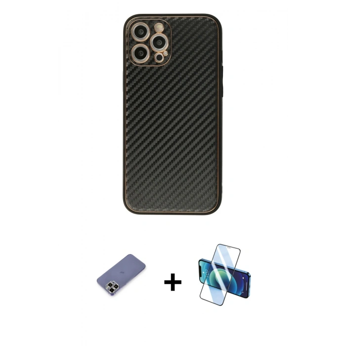 MARSİLYAN™- iPhone 12 Pro Kılıf Ahenk Işık - Siyah 3D Antistatik Seramik Nano Ekran Koruyucu + Metal Kamera Lens Koruma Cam - GD