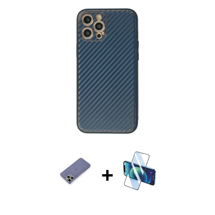MARSİLYAN™- iPhone 12 Pro Kılıf Ahenk Işık - Siyah 3D Antistatik Seramik Nano Ekran Koruyucu + Metal Kamera Lens Koruma Cam - GD