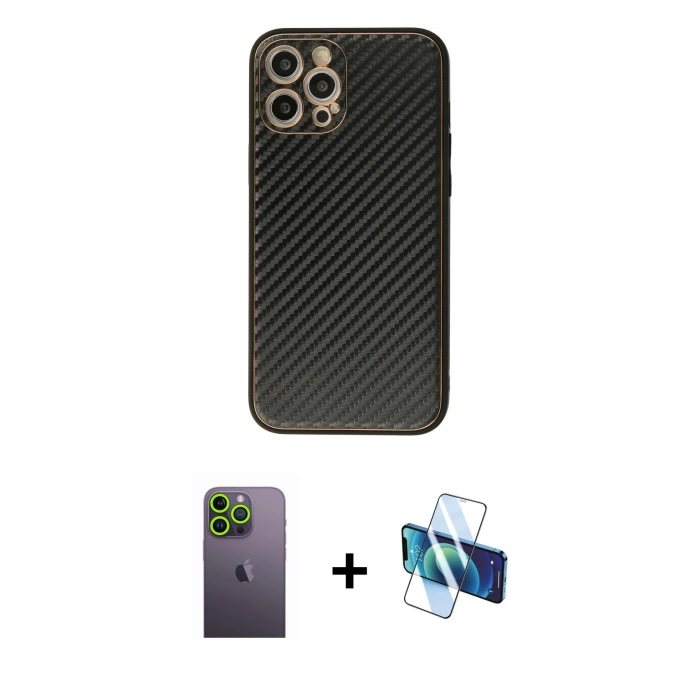 MARSİLYAN™- iPhone 12 Pro Kılıf Ahenk Işık - Siyah 3D Antistatik Seramik Nano Ekran Koruyucu + Neon Fosforlu Kamera Lens - YL
