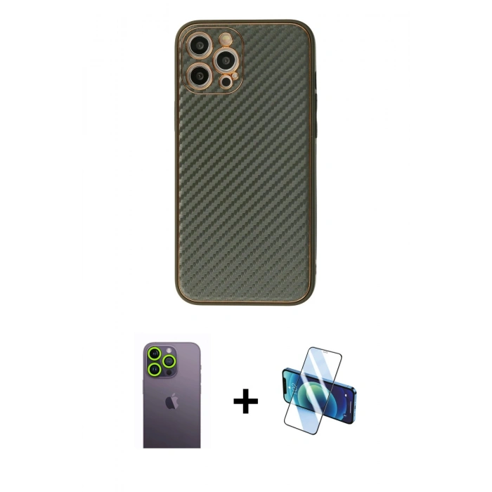 MARSİLYAN™- iPhone 12 Pro Kılıf Ahenk Işık - Siyah 3D Antistatik Seramik Nano Ekran Koruyucu + Neon Fosforlu Kamera Lens - YL