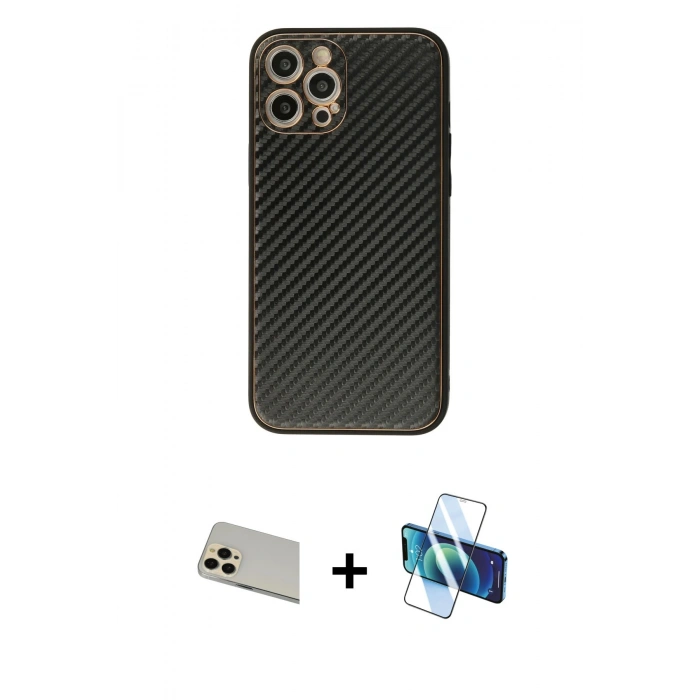 MARSİLYAN™- iPhone 12 Pro Kılıf Ahenk Işık - Siyah 3D Antistatik Seramik Nano Ekran Koruyucu + Rainbow Kamera Lens Koruma Cam - GD