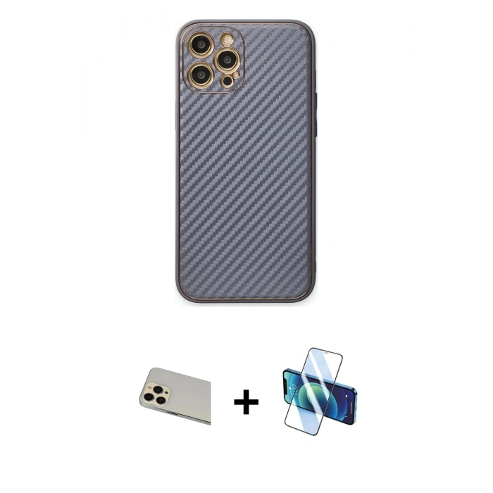 MARSİLYAN™- iPhone 12 Pro Kılıf Ahenk Işık - Siyah 3D Antistatik Seramik Nano Ekran Koruyucu + Rainbow Kamera Lens Koruma Cam - GD