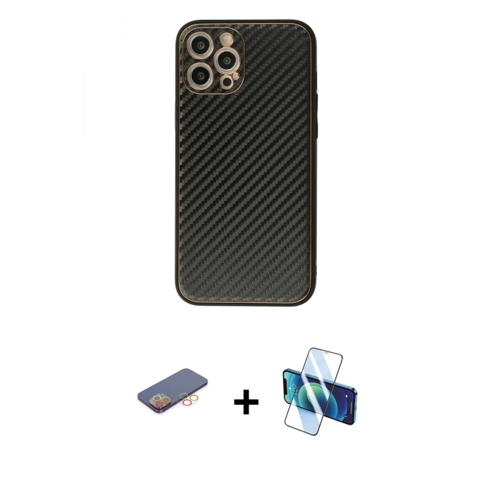 MARSİLYAN™- iPhone 12 Pro Kılıf Ahenk Işık - Siyah 3D Antistatik Seramik Nano Ekran Koruyucu + Renkli Kamera Lens Koruma Cam - TU