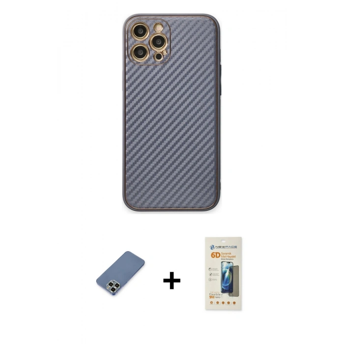 MARSİLYAN™- iPhone 12 Pro Kılıf Ahenk Işık - Siyah 6D Mat Seramik Hayalet Nano Ekran Koruyucu + Metal Kamera Lens Koruma Cam - AKYL