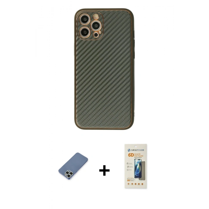 MARSİLYAN™- iPhone 12 Pro Kılıf Ahenk Işık - Siyah 6D Mat Seramik Hayalet Nano Ekran Koruyucu + Metal Kamera Lens Koruma Cam - AKYL