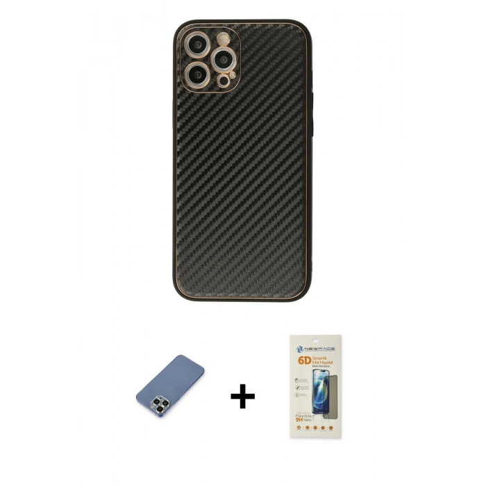 MARSİLYAN™- iPhone 12 Pro Kılıf Ahenk Işık - Siyah 6D Mat Seramik Hayalet Nano Ekran Koruyucu + Metal Kamera Lens Koruma Cam - AKYL