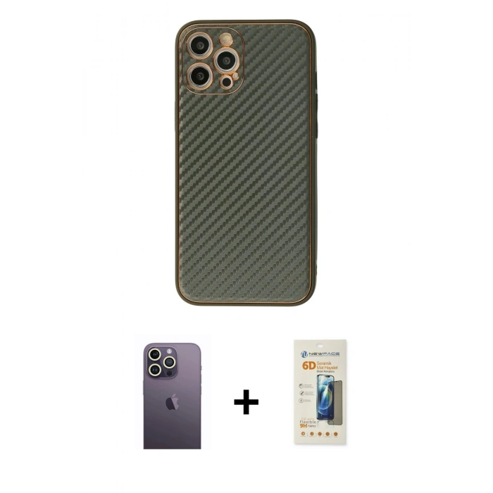 MARSİLYAN™- iPhone 12 Pro Kılıf Ahenk Işık - Siyah 6D Mat Seramik Hayalet Nano Ekran Koruyucu + Neon Fosforlu Kamera Lens - BZ