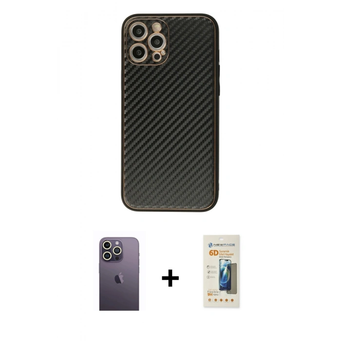 MARSİLYAN™- iPhone 12 Pro Kılıf Ahenk Işık - Siyah 6D Mat Seramik Hayalet Nano Ekran Koruyucu + Neon Fosforlu Kamera Lens - BZ