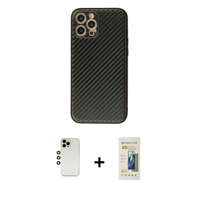 MARSİLYAN™- iPhone 12 Pro Kılıf Ahenk Işık - Siyah 6D Mat Seramik Hayalet Nano Ekran Koruyucu + Shine Kamera Lens - GD
