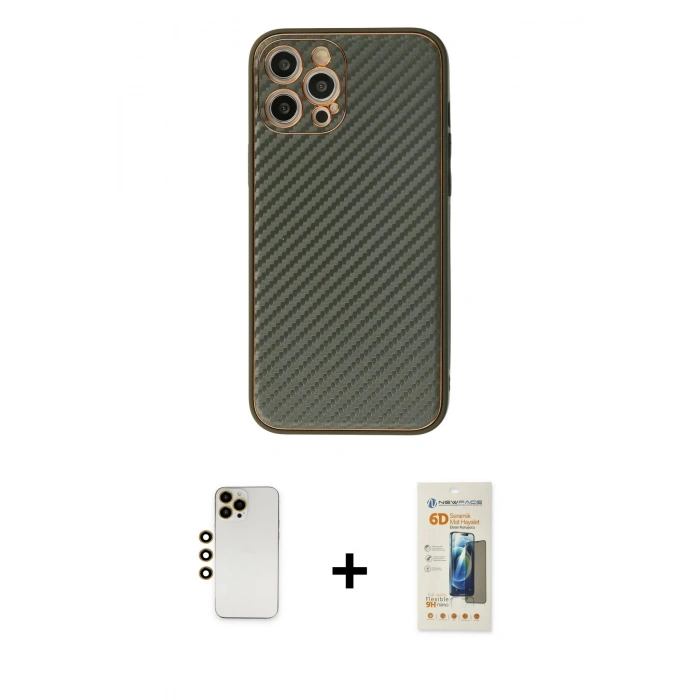 MARSİLYAN™- iPhone 12 Pro Kılıf Ahenk Işık - Siyah 6D Mat Seramik Hayalet Nano Ekran Koruyucu + Shine Kamera Lens - GD