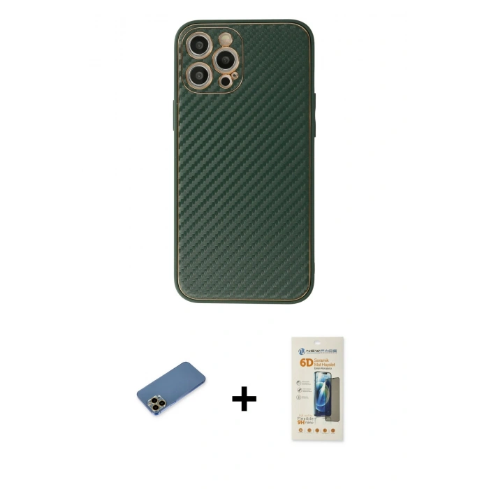 MARSİLYAN™- iPhone 12 Pro Kılıf Ahenk Işık - Siyah 6D Mat Seramik Hayalet Nano Ekran Koruyucu + Shine Kamera Lens Koruma Cam - GD
