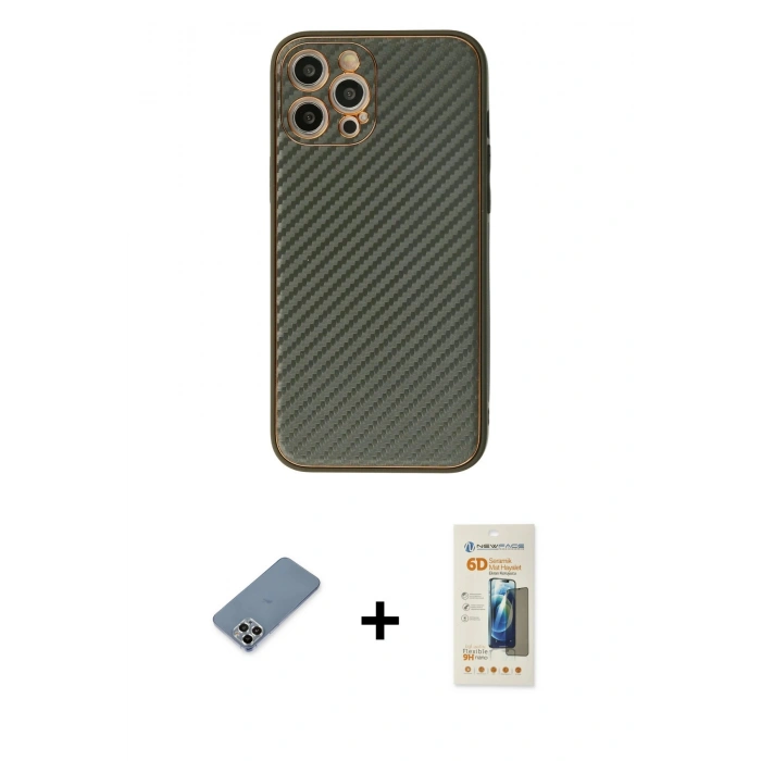 MARSİLYAN™- iPhone 12 Pro Kılıf Ahenk Işık - Siyah 6D Mat Seramik Hayalet Nano Ekran Koruyucu + Gümüş Metal Kamera Lens Koruma Cam