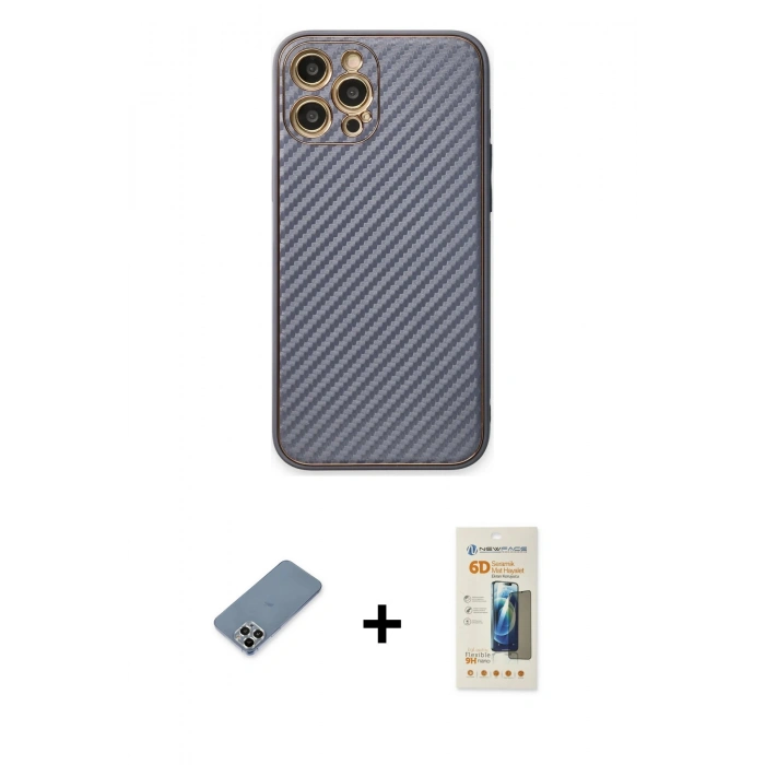 MARSİLYAN™- iPhone 12 Pro Kılıf Ahenk Işık - Siyah 6D Mat Seramik Hayalet Nano Ekran Koruyucu + Gümüş Metal Kamera Lens Koruma Cam