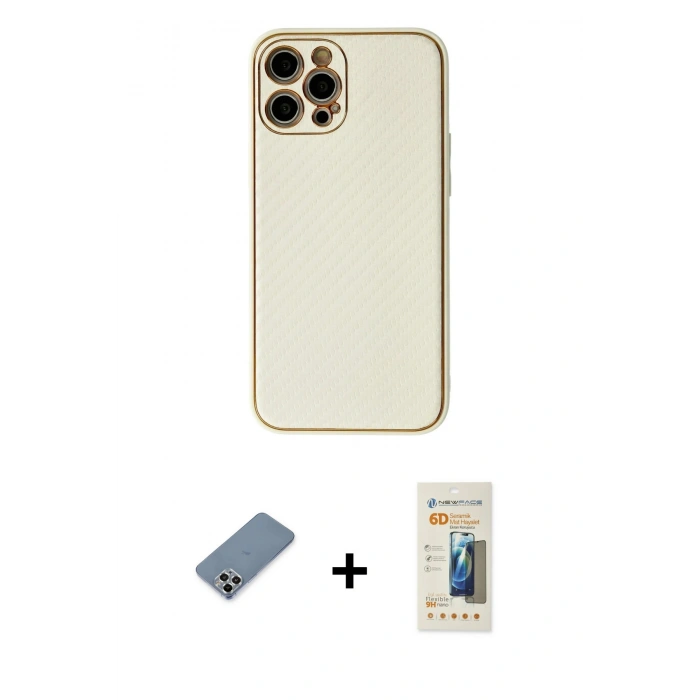 MARSİLYAN™- iPhone 12 Pro Kılıf Ahenk Işık - Siyah 6D Mat Seramik Hayalet Nano Ekran Koruyucu + Gümüş Metal Kamera Lens Koruma Cam