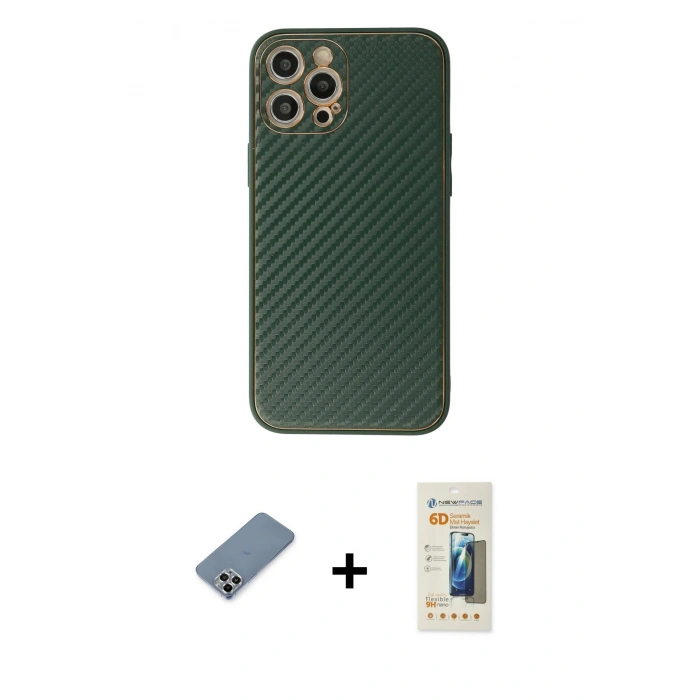 MARSİLYAN™- iPhone 12 Pro Kılıf Ahenk Işık - Siyah 6D Mat Seramik Hayalet Nano Ekran Koruyucu + Gümüş Metal Kamera Lens Koruma Cam
