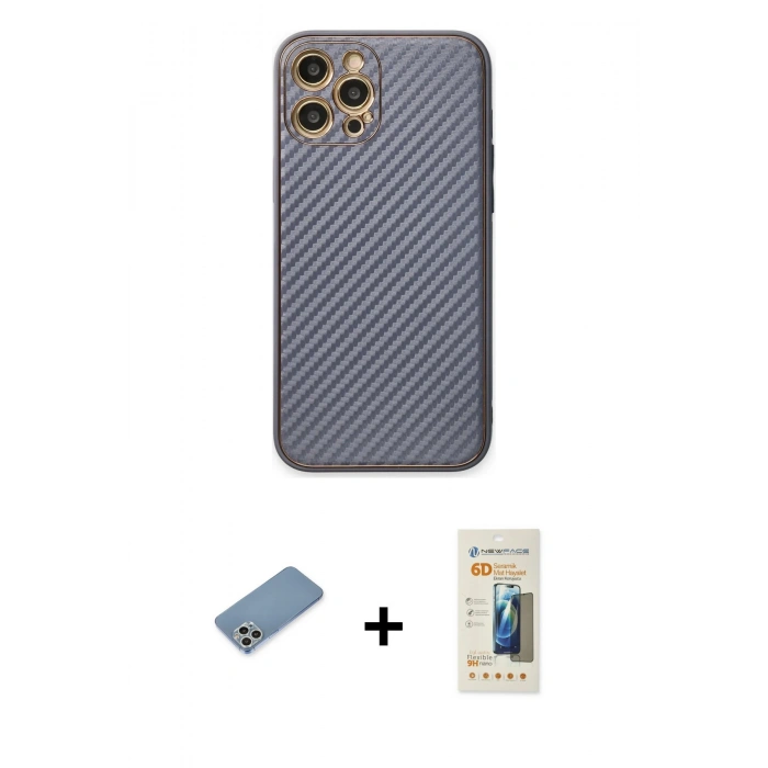 MARSİLYAN™- iPhone 12 Pro Kılıf Ahenk Işık - Siyah 6D Mat Seramik Hayalet Nano Ekran Koruyucu + Shine Kamera Lens Koruma Cam - GS