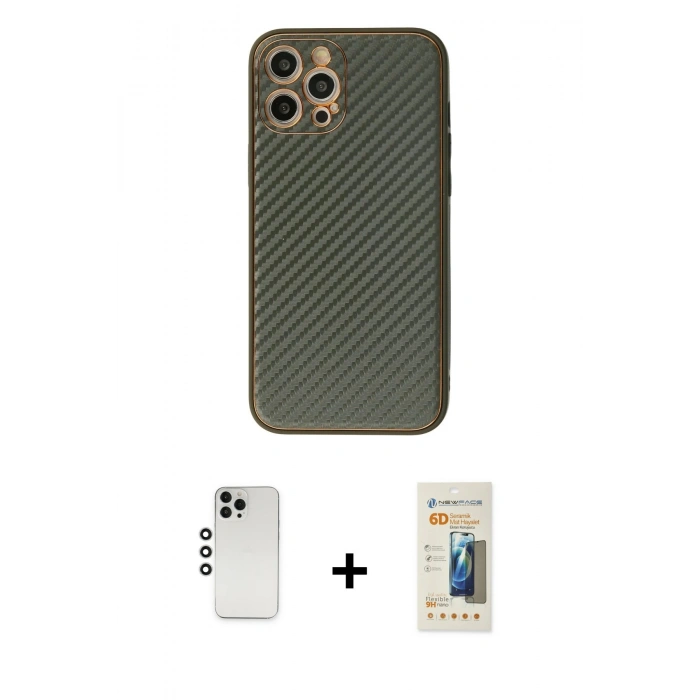 MARSİLYAN™- iPhone 12 Pro Kılıf Ahenk Işık - Siyah 6D Mat Seramik Hayalet Nano Ekran Koruyucu + Shine Kamera Lens - GS