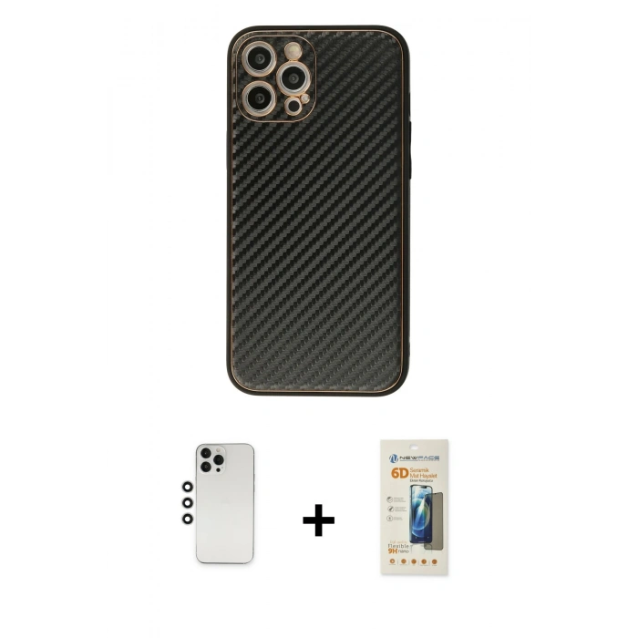 MARSİLYAN™- iPhone 12 Pro Kılıf Ahenk Işık - Siyah 6D Mat Seramik Hayalet Nano Ekran Koruyucu + Shine Kamera Lens - GS