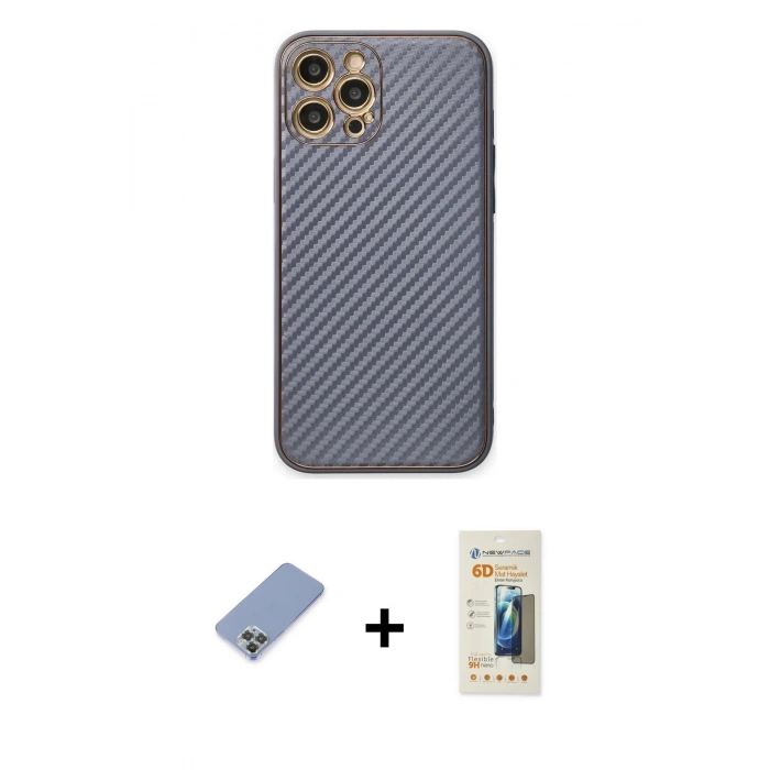 MARSİLYAN™- iPhone 12 Pro Kılıf Ahenk Işık - Siyah 6D Mat Seramik Hayalet Nano Ekran Koruyucu + Metal Kamera Lens Koruma Cam - KUYL