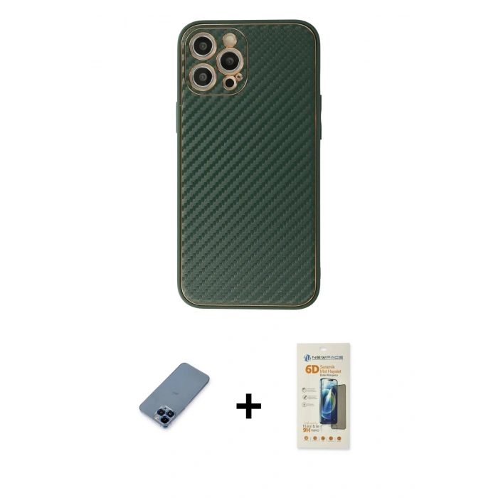 MARSİLYAN™- iPhone 12 Pro Kılıf Ahenk Işık - Siyah 6D Mat Seramik Hayalet Nano Ekran Koruyucu + Metal Kamera Lens Koruma Cam - MI