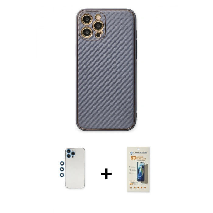 MARSİLYAN™- iPhone 12 Pro Kılıf Ahenk Işık - Siyah 6D Mat Seramik Hayalet Nano Ekran Koruyucu + Shine Kamera Lens - MI