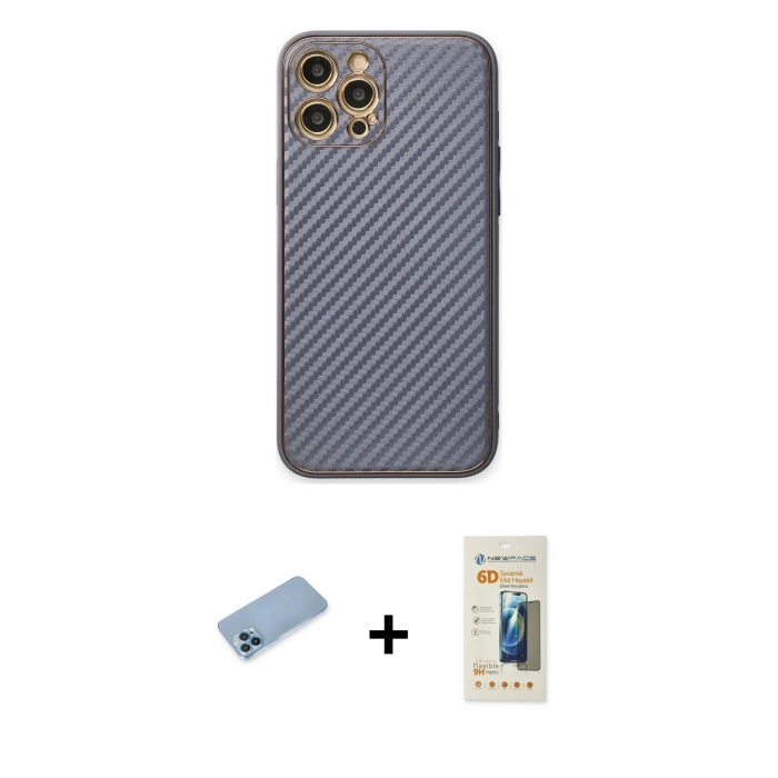 MARSİLYAN™- iPhone 12 Pro Kılıf Ahenk Işık - Siyah 6D Mat Seramik Hayalet Nano Ekran Koruyucu + Mavi Shine Kamera Lens Koruma Cam