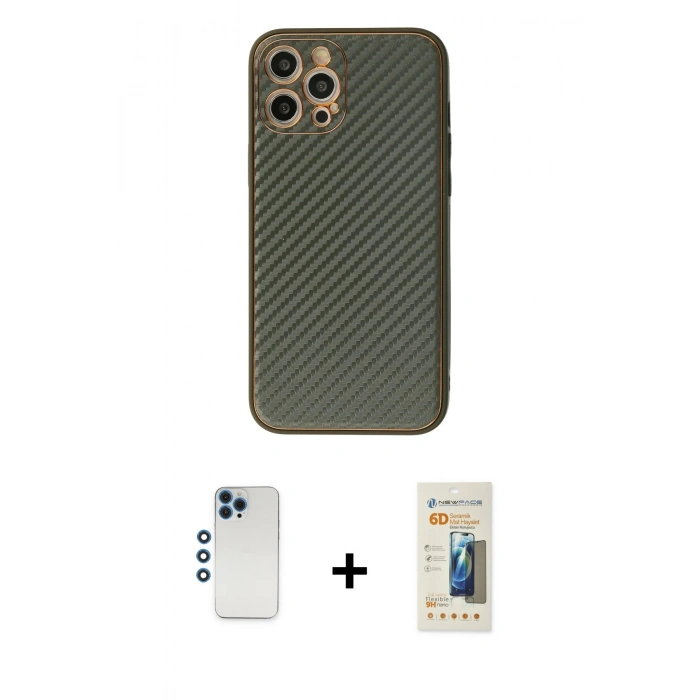 MARSİLYAN™- iPhone 12 Pro Kılıf Ahenk Işık - Siyah 6D Mat Seramik Hayalet Nano Ekran Koruyucu + Shine Kamera Lens - MI