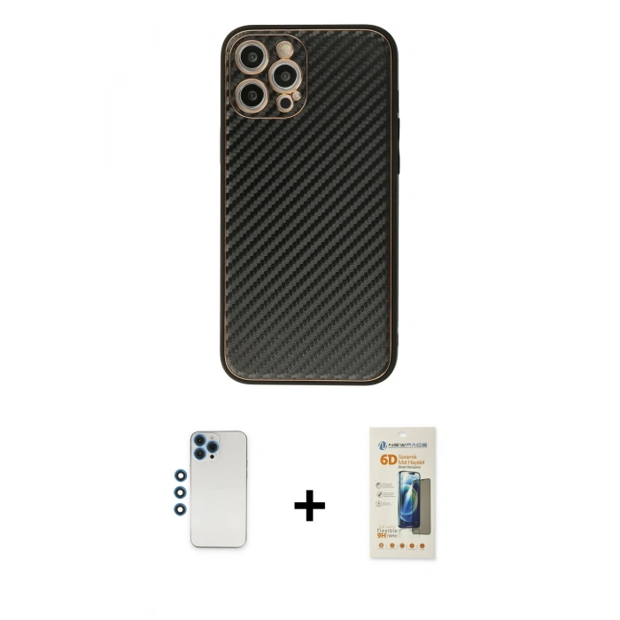 MARSİLYAN™- iPhone 12 Pro Kılıf Ahenk Işık - Siyah 6D Mat Seramik Hayalet Nano Ekran Koruyucu + Shine Kamera Lens - MI