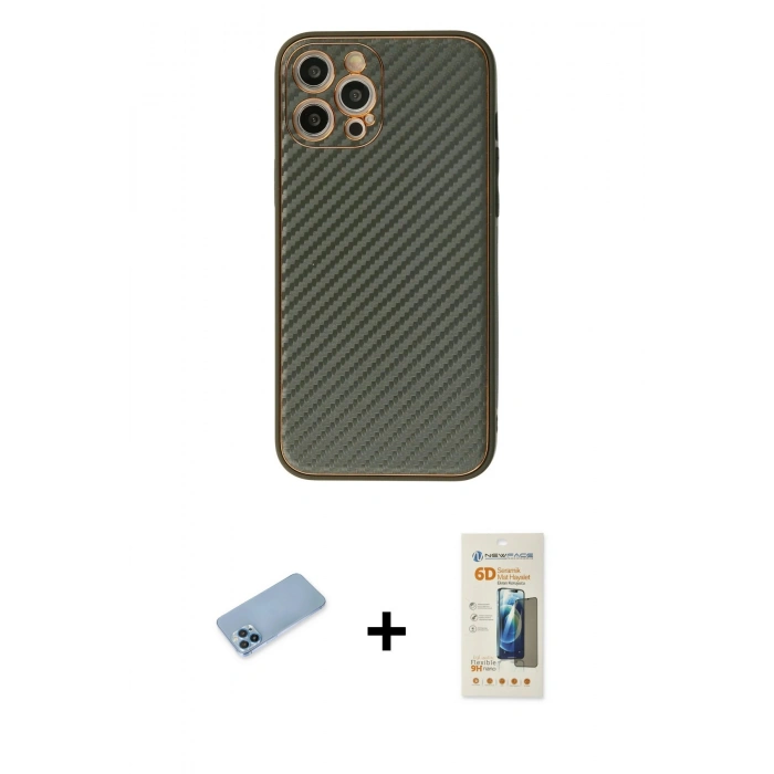 MARSİLYAN™- iPhone 12 Pro Kılıf Ahenk Işık - Siyah 6D Mat Seramik Hayalet Nano Ekran Koruyucu + Mavi Shine Kamera Lens Koruma Cam