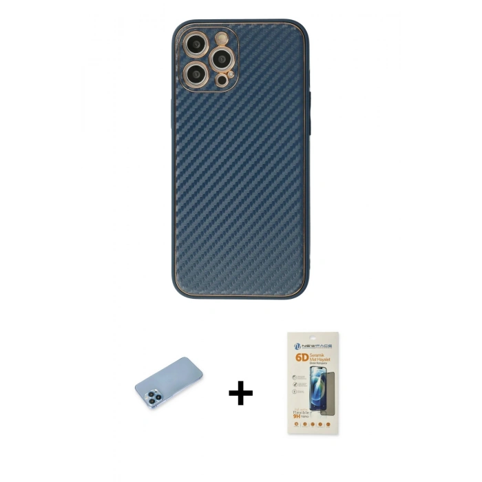 MARSİLYAN™- iPhone 12 Pro Kılıf Ahenk Işık - Siyah 6D Mat Seramik Hayalet Nano Ekran Koruyucu + Mavi Shine Kamera Lens Koruma Cam