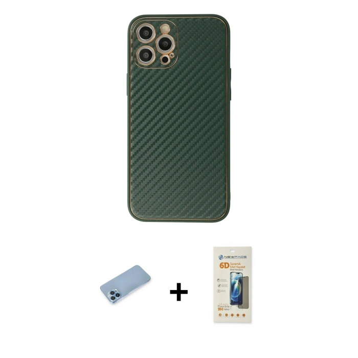 MARSİLYAN™- iPhone 12 Pro Kılıf Ahenk Işık - Siyah 6D Mat Seramik Hayalet Nano Ekran Koruyucu + Mavi Shine Kamera Lens Koruma Cam