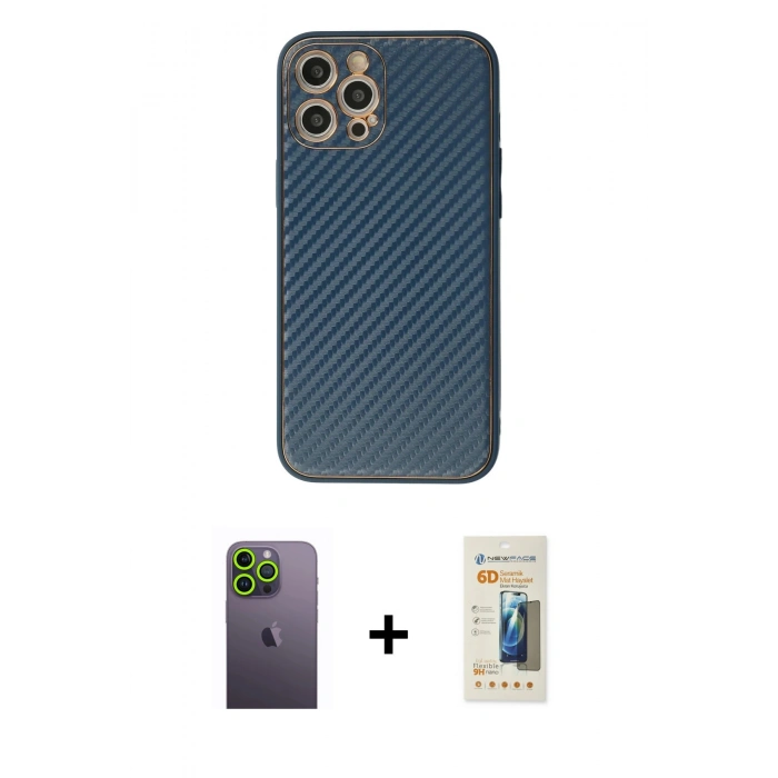 MARSİLYAN™- iPhone 12 Pro Kılıf Ahenk Işık - Siyah 6D Mat Seramik Hayalet Nano Ekran Koruyucu + Neon Fosforlu Kamera Lens - YL