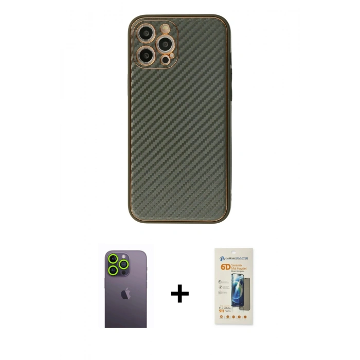 MARSİLYAN™- iPhone 12 Pro Kılıf Ahenk Işık - Siyah 6D Mat Seramik Hayalet Nano Ekran Koruyucu + Neon Fosforlu Kamera Lens - YL